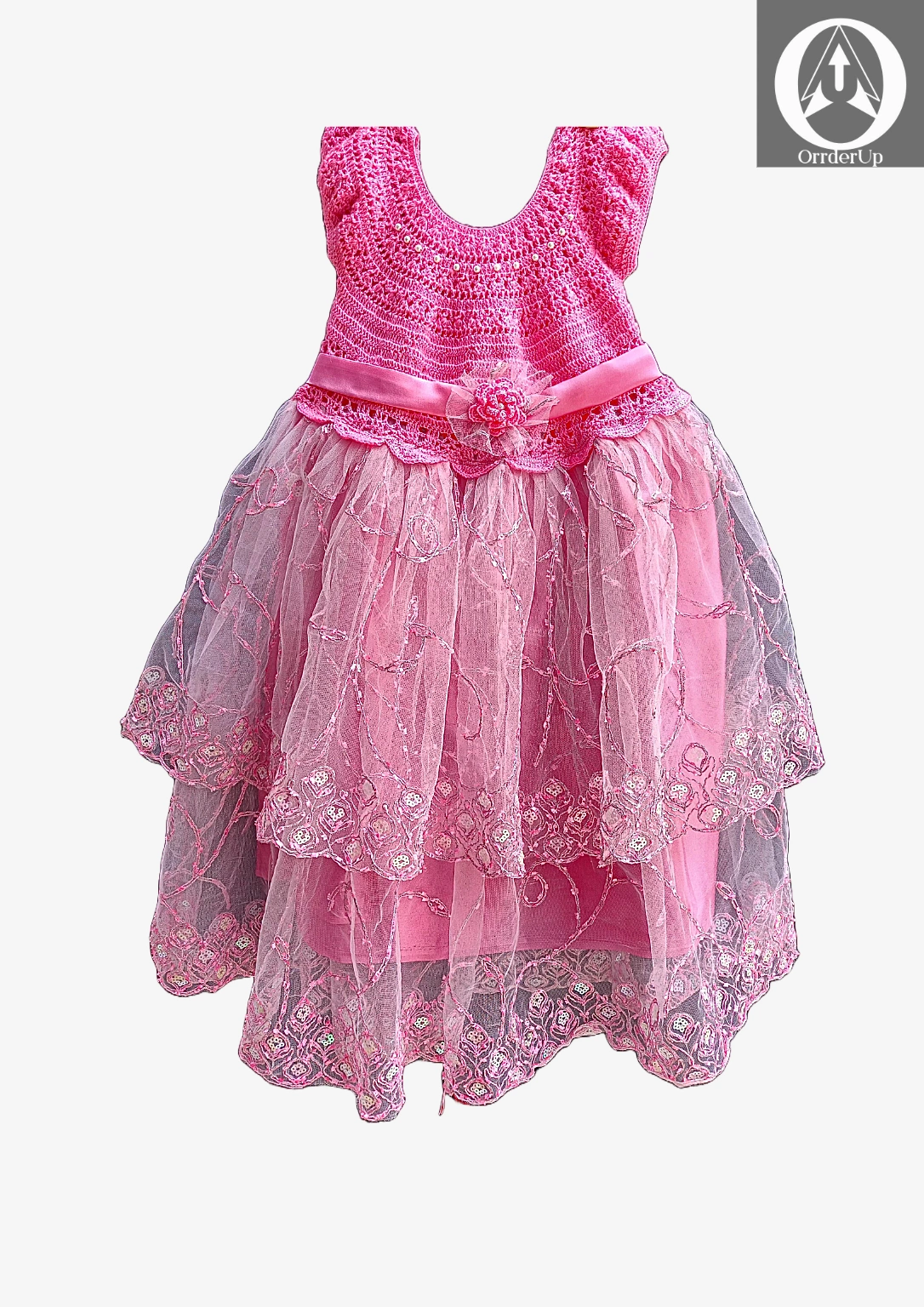 pink party dress with floral headband