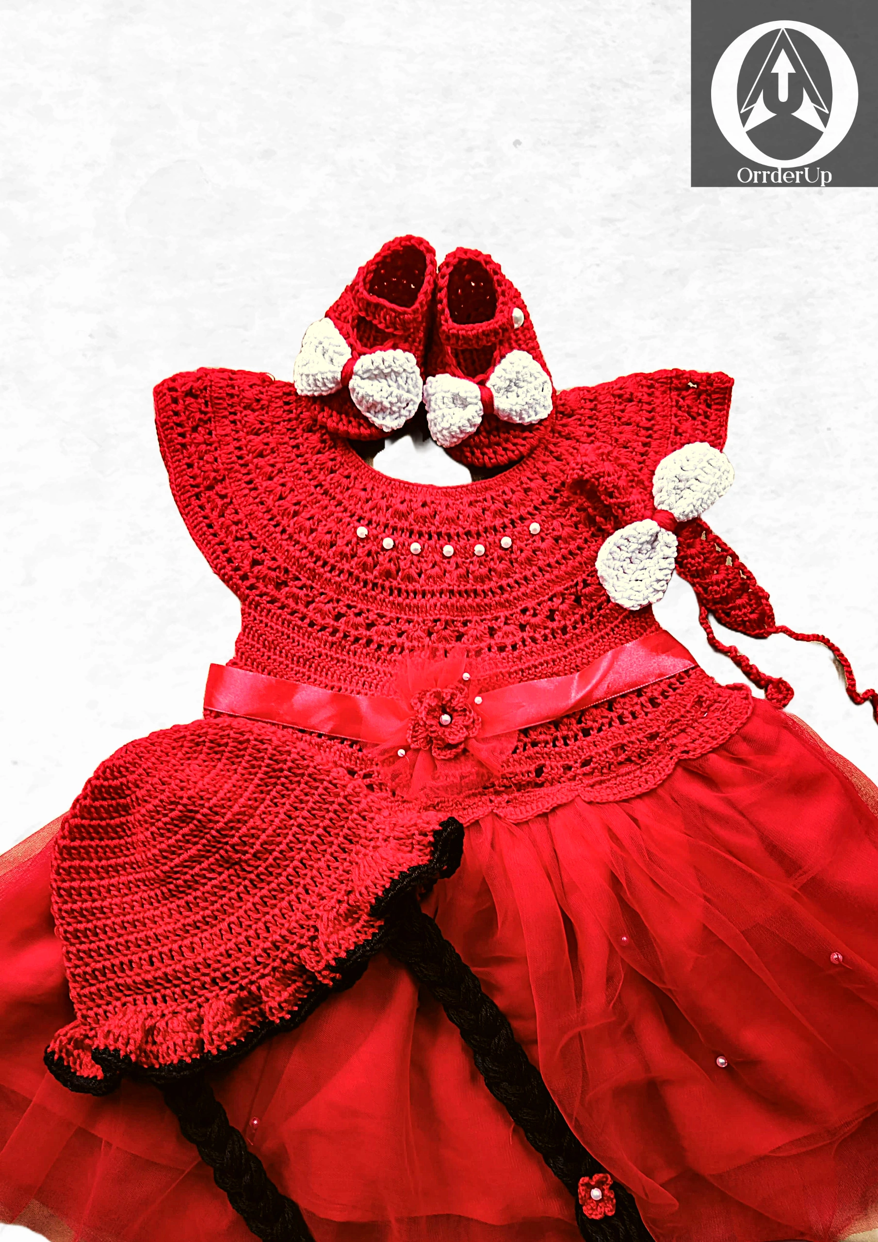 Red party dress set (dress,shoes,hat,hair band set)