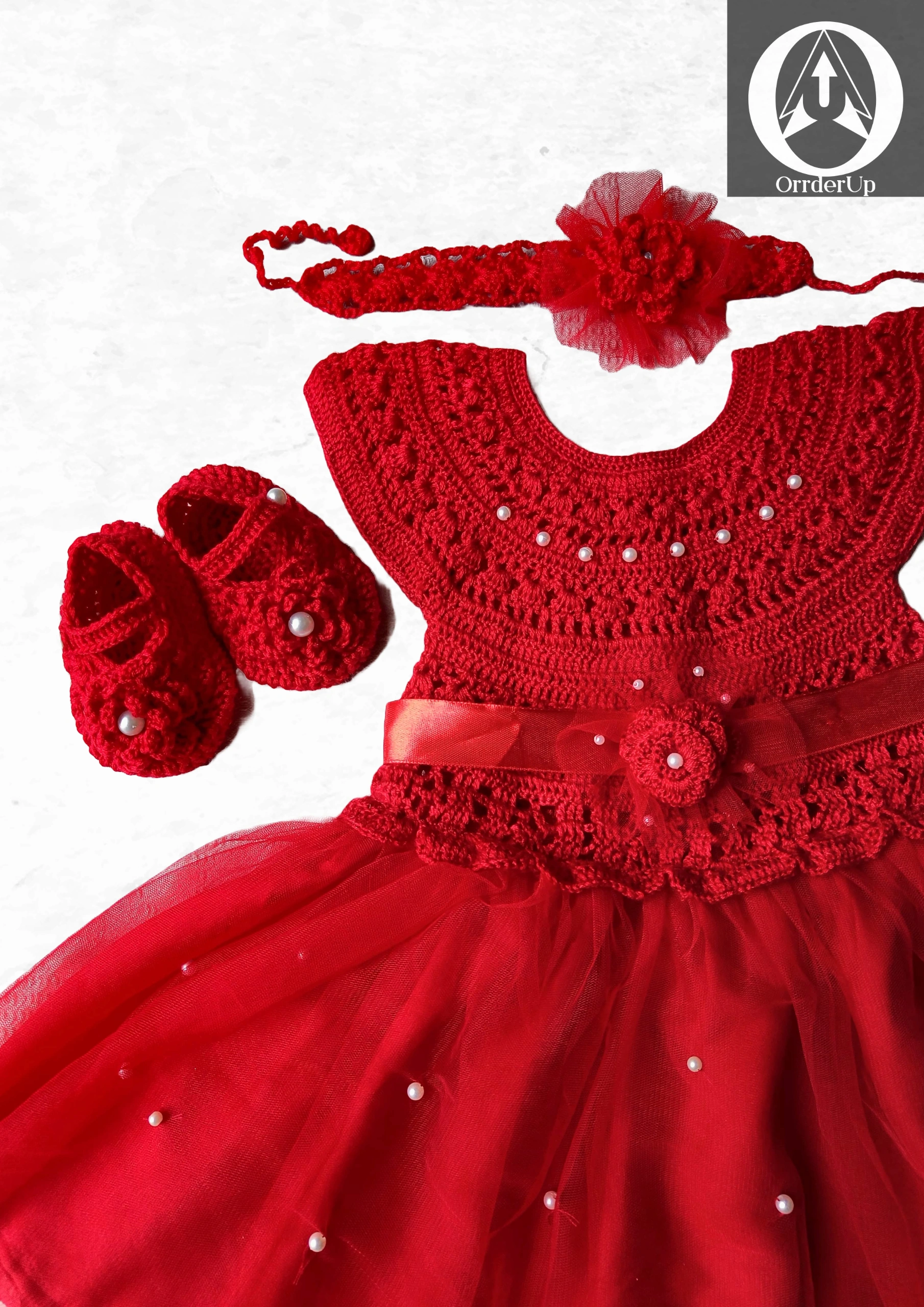 Baby dress red. Party dress with crochet half body design.