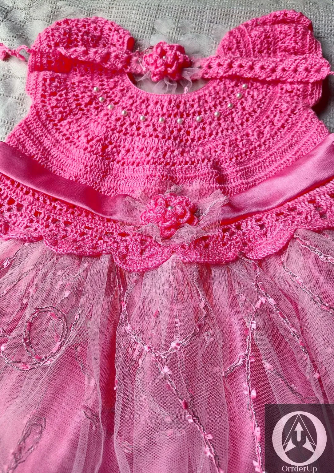 pink party dress with floral headband